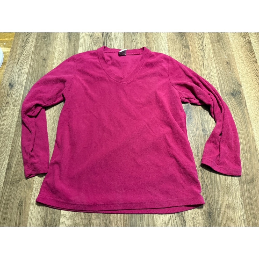 Totally Pink Shirt Women Size L Pink Fleece Long Sleeve Solid V-Neck Pullover